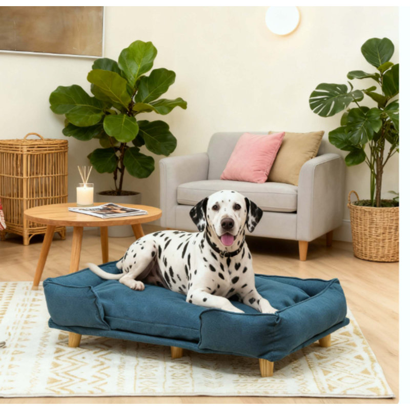Raised Pet Couch With Comfortable Cushion, Pine Wood Legs