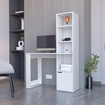 Bureau d'ordinateur avec armoire à une porte et tablette à 4 niveaux