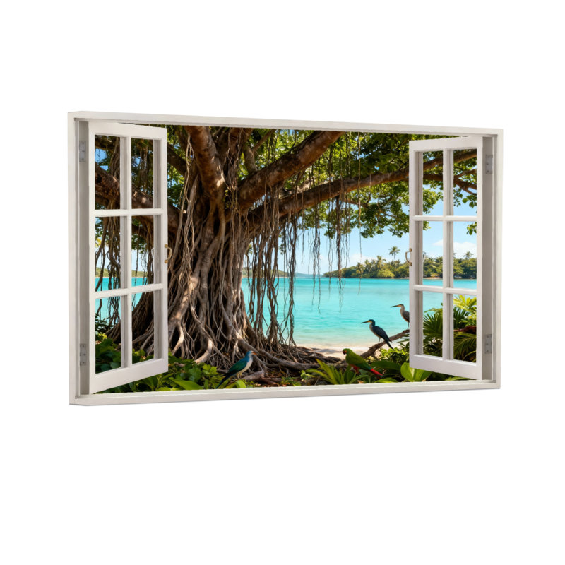 Paysage et nature, plage tropicale, oiseau, vue de fenêtre, H 16 po x l 24 po