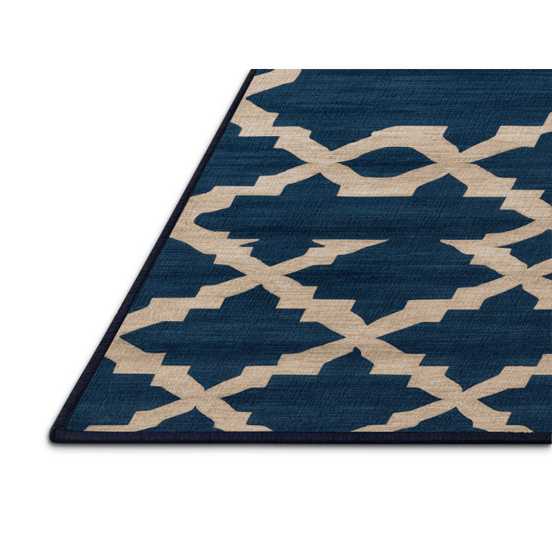 Machine Washable Trellis Blue Area Rug, Round 3'