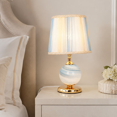 15.7" Dual Light Blue Planet Glass Table Lamp with Striped Fabric Shade