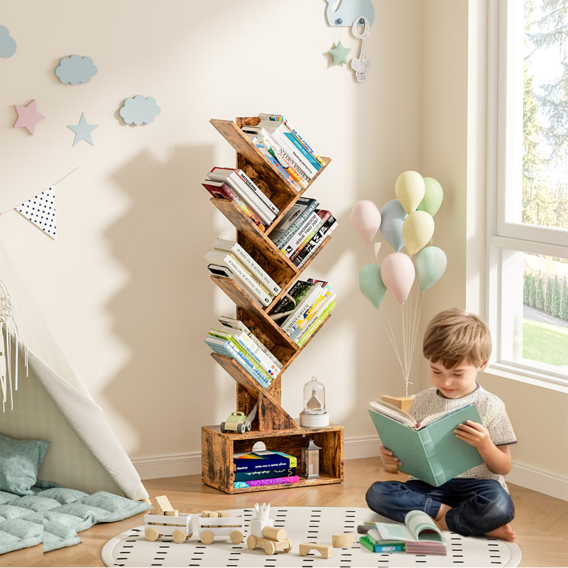 Bibliothèque à 6 niveaux pour arbre, bibliothèque de rangement géométrique pour petits espaces, tablette verticale autoportante