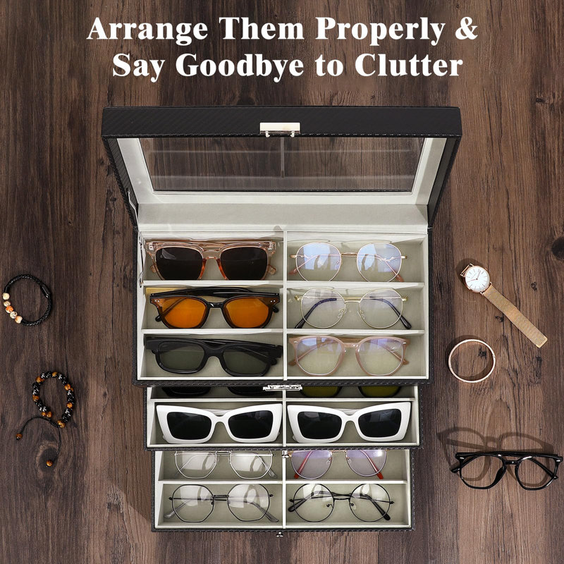 Sunglasses Organizer With 18 Slots, 3-Layer Leather Sunglass Display Collection Holder Case With Drawer Clear Glass Lid, Lockable Eyeglass Glass Storage Box , Black