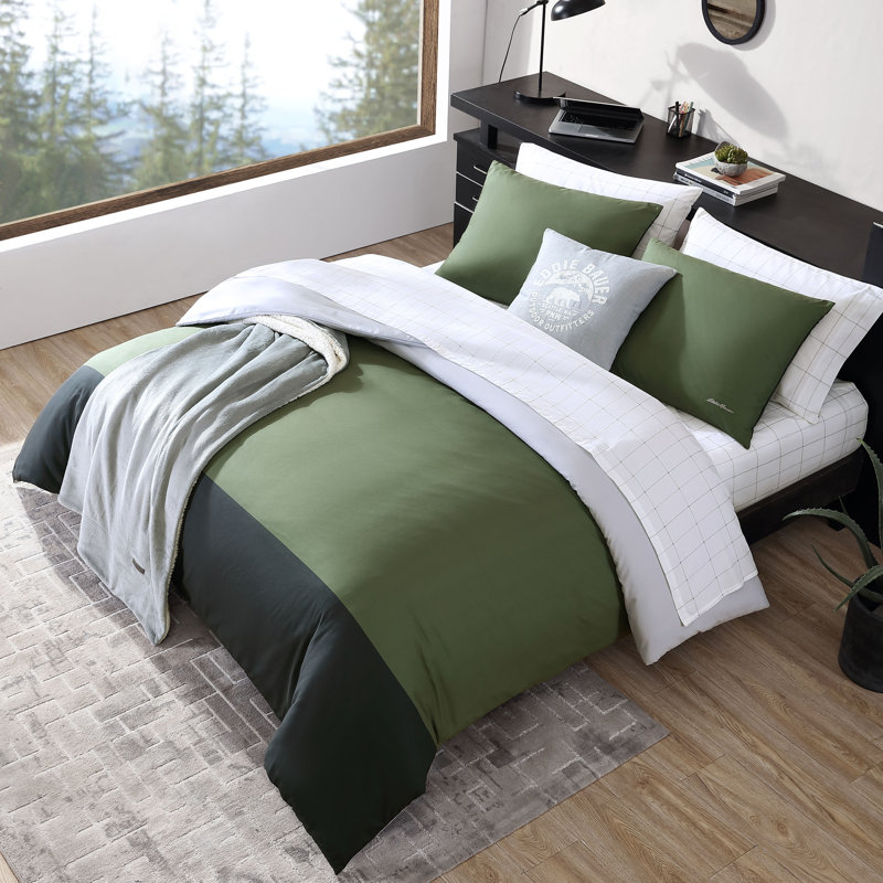 Ensemble d'édredon réversible vert Eddie Bauer, Édredon pour lit simple + 1 taie décorative stan
