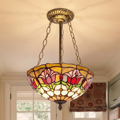 2 - Light Tiffany-Style Stained Glass Semi Flush Mount - Tulip Floral Vintage Ceiling Light