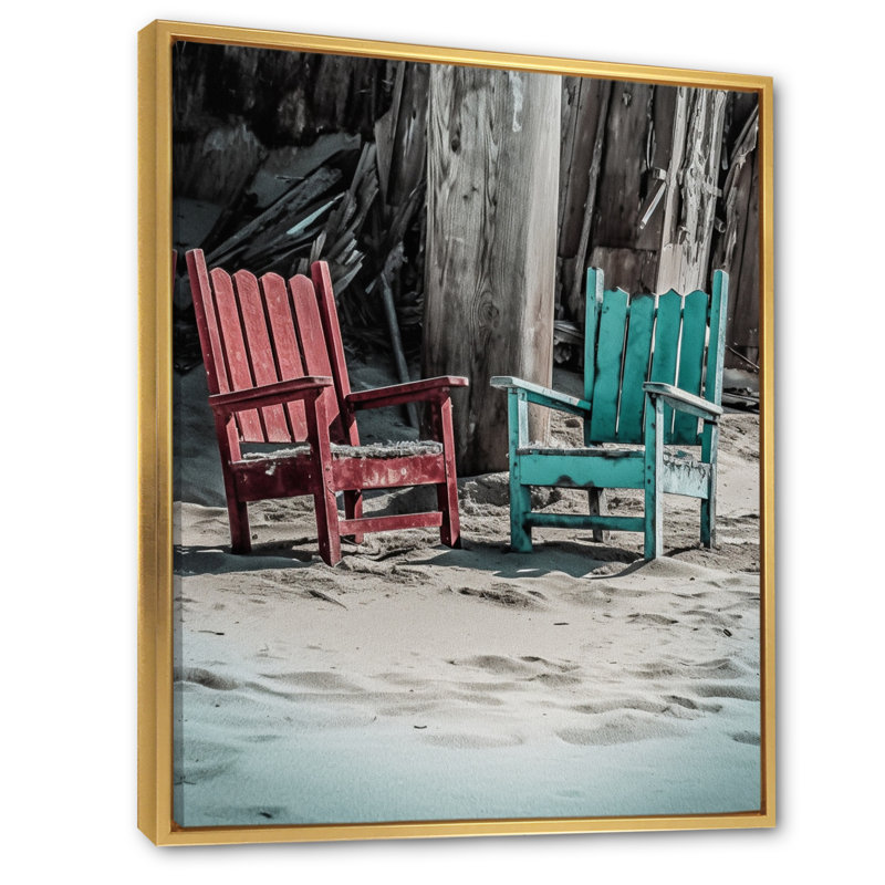 «Colorful Beach Chairs II», reproduction sur toile, Cadre flottant doré, H 32 po x l 24 po x P 1 po