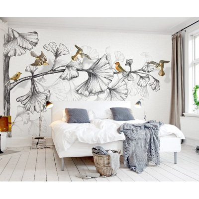 Black Lotus Florals Birds Asiatic Wallpaper