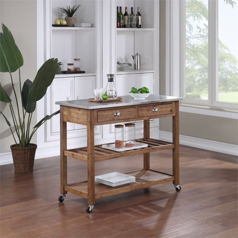  Chariot de cuisine en bois de grange à 2 tiroirs avec roulettes, Brown, 35.5" H x 44" W x 20.5" D