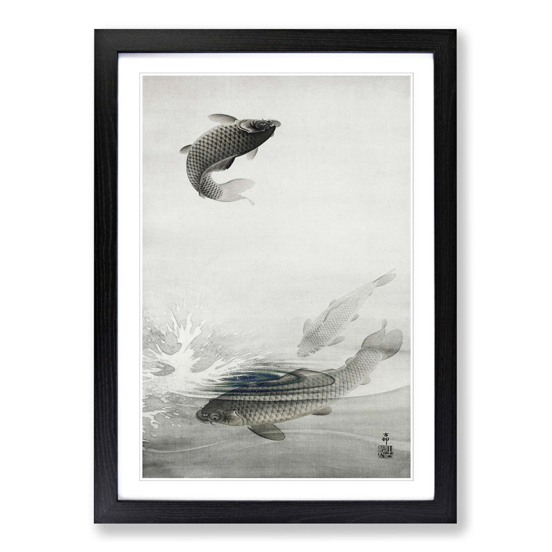 Three Carp Fish by Ohara Koson - Picture Frame Painting Print, Black Framed, 36cm H x 27cm W x 2cm D