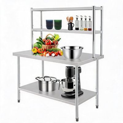 Table de travail commerciale en acier inoxydable robuste - Surface de préparation spacieuse de 48 po x 30 po - 2 tablettes réglables, sur tablettes - Support de service alimentaire pour restaurants, cuisines, garages - Hauteur totale 67 po
