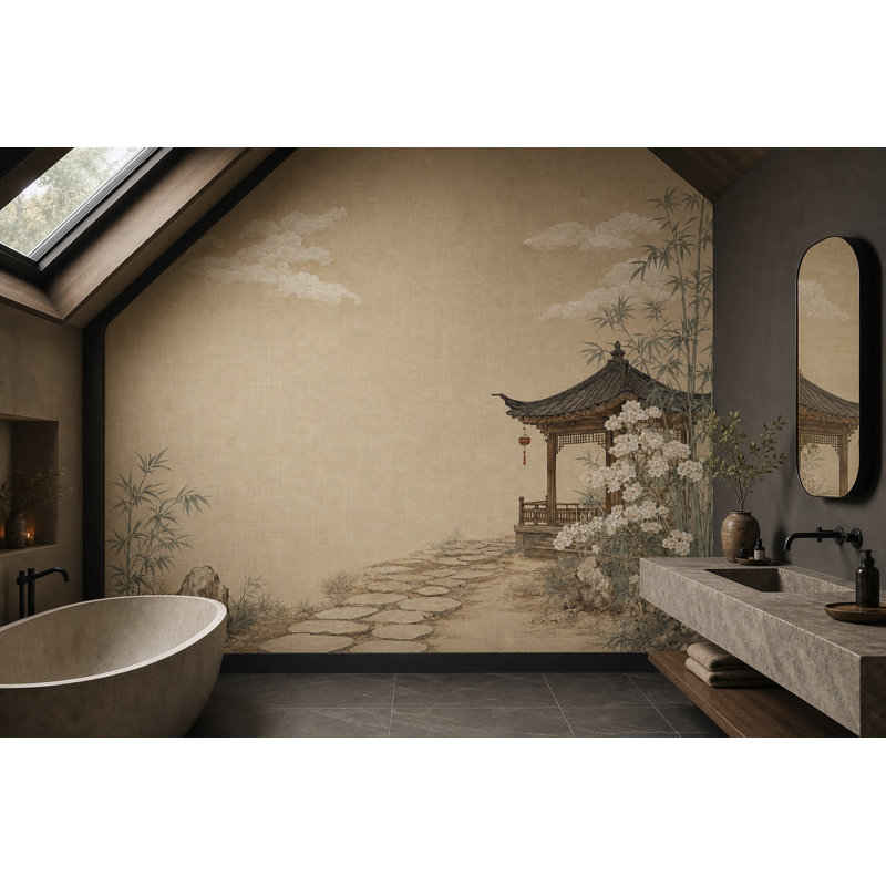 Papier peint paysage asiatique, pavillon traditionnel, bambouseraie, murale, 80"x96", Peel and Stick