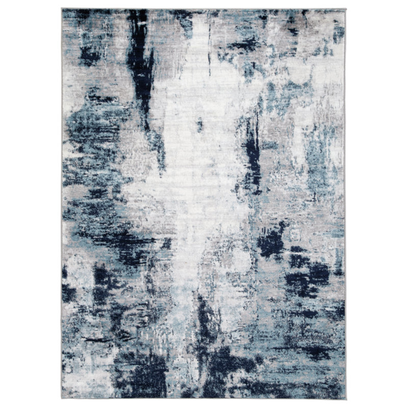 Tapis bleu / gris tissé à la main, Rectangle 5 pi 3 po x 7 pi 3 po