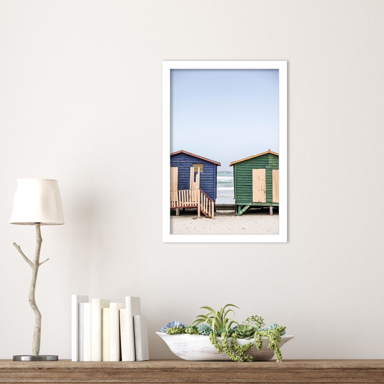 Popplewell "Blue and Green Huts" Print, White, 17" H x 12" W