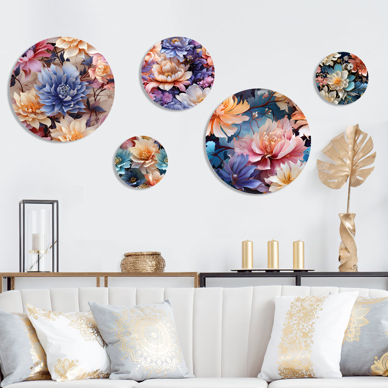 «Ison Blue Metallic - Floral», ensemble d'art mural rond sur 5
