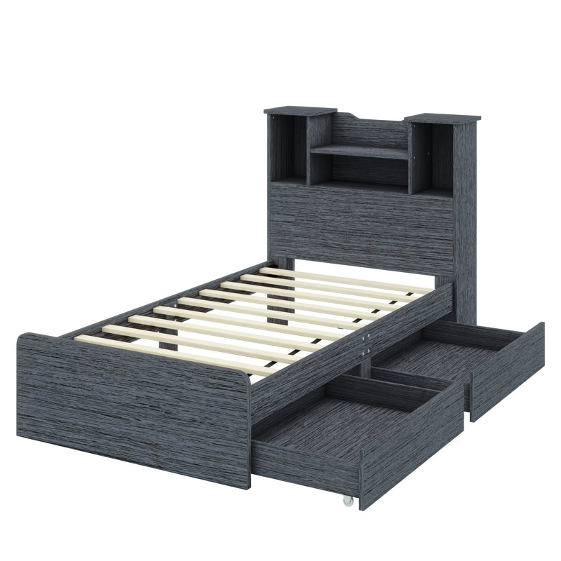 Danylle Twin Platform Bed Frame with 4 Open Shelves, 2 Storage Drawers and LED Light, Gray