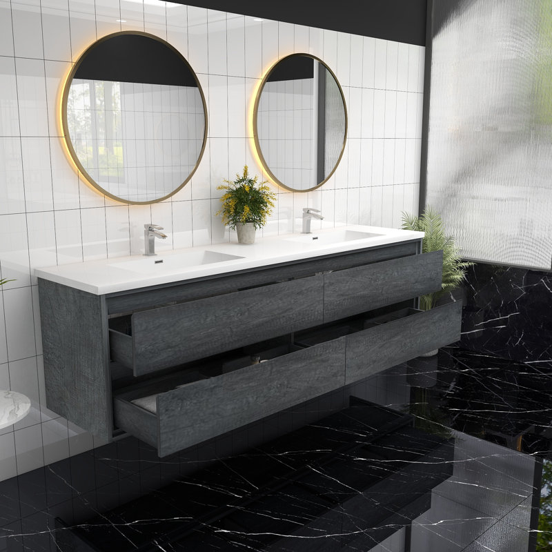 Meuble-lavabo mural double l 83 po x P 19,6 po x H 21,75 po Yacoubou, Chêne fumé