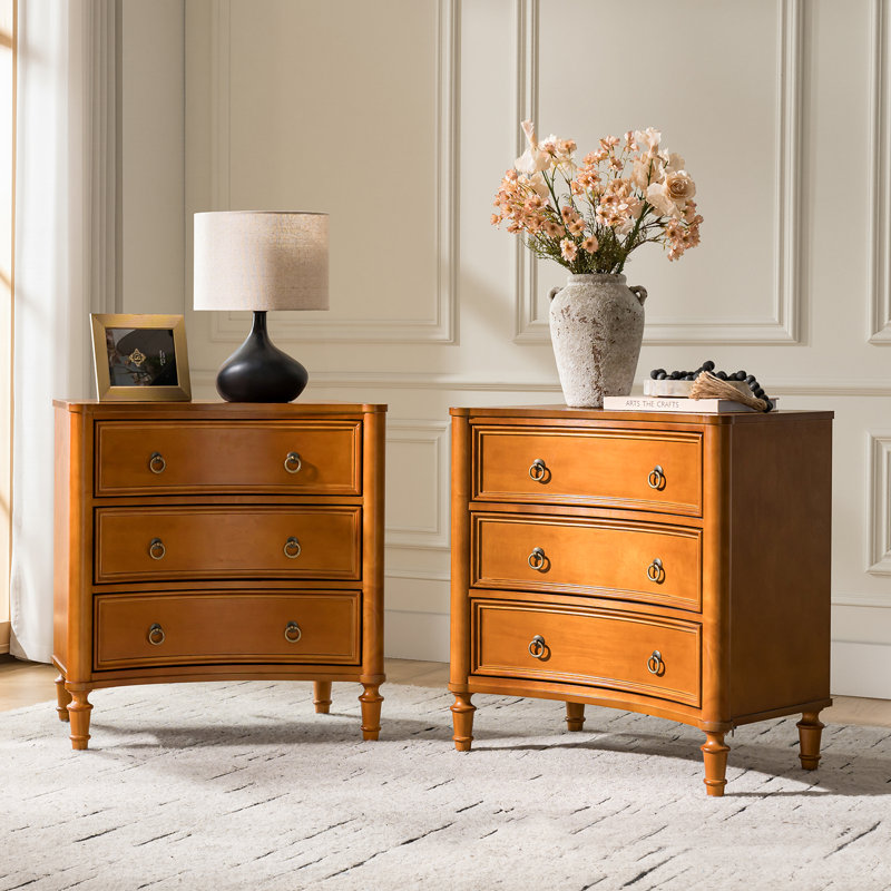 Gillianne 26"W 3-Drawer Curved Silhouette End Table with Built-in Charging Station and Simple Assembly Set of 2, Acorn