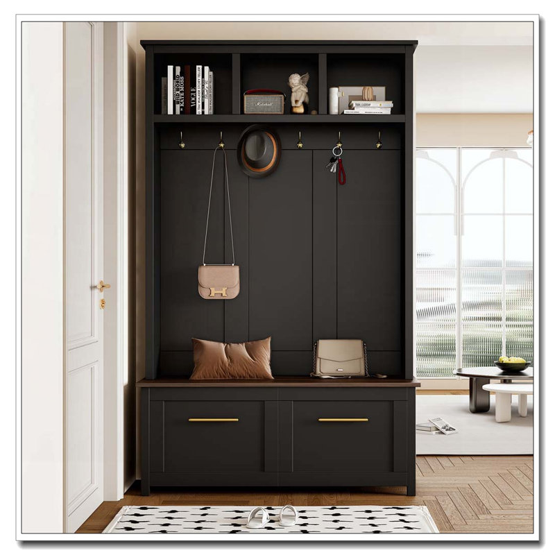4-in-1 Hall Tree with 6 Golden Hooks, Wood Grain Bench with Multiple Storage Space, Black
