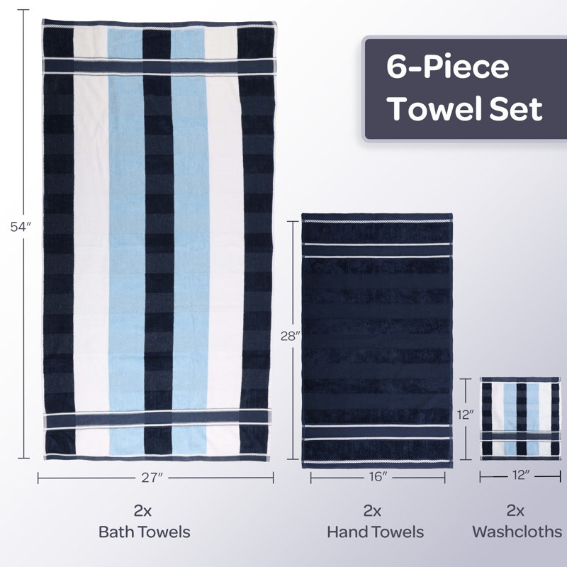 6-Piece Towel Set - Absorbent Cotton Bathroom Accessories with Bath Towels, Hand Towels, and Wash Cloths - Solid and Striped Towels by Lavish Home