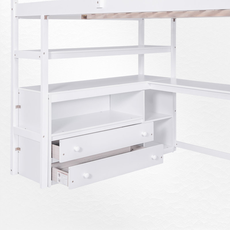 Loft Bed With Desk,Shelves,Two Built-In Drawers And Storage Staircase, White, Full
