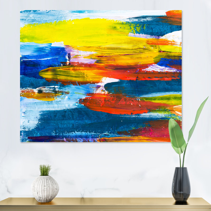 Jaune, jaune, rouge et bleu - univers sur toile - peinture sur toile, Toile tendue, H 12 po x l 20 po