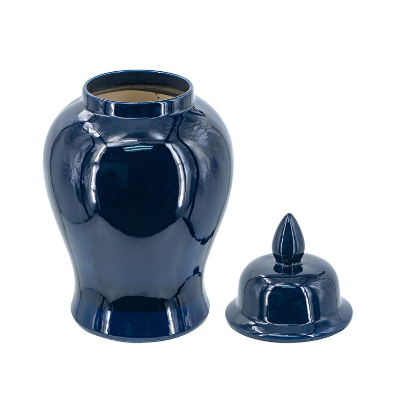 Classic Ceramic Ginger Jar With Glossy Finish And Finial Lid, Blue, 12.2" H x 6.3" W x 6.3" D