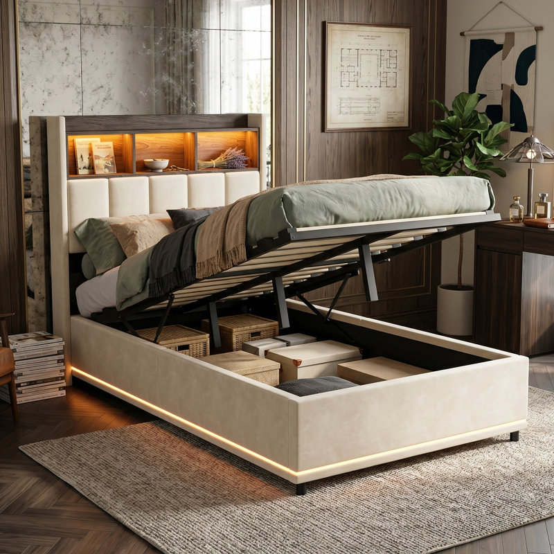 White Velvet Ottoman Bed with LED & Charging Headboard, 2-Tier Storage Shelf, 90/140/160x200cm, European Single (90 x 200 cm)