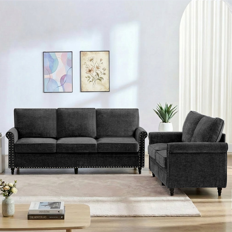 Ensemble de canapé en chenille de style Mid-Century 2 pièces, noir, Noir