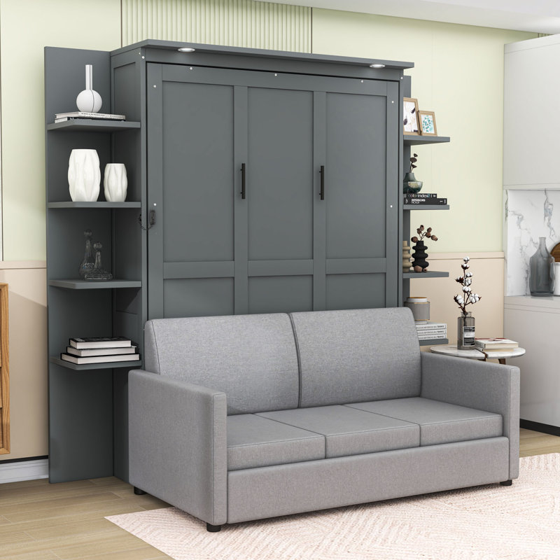Grand lit escamotable mural avec canapé et tablettes, conception pliable peu encombrante, Gris