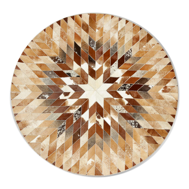 Tapis rond rond en cuir de vache brun et blanc, Rond 6 pi