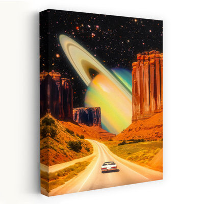 Road Trip to the Rings of Infinity Retro Surreal Vintage Landscape Nature Wall Art Print 1 Piece Wrapped Canvas Wall Art