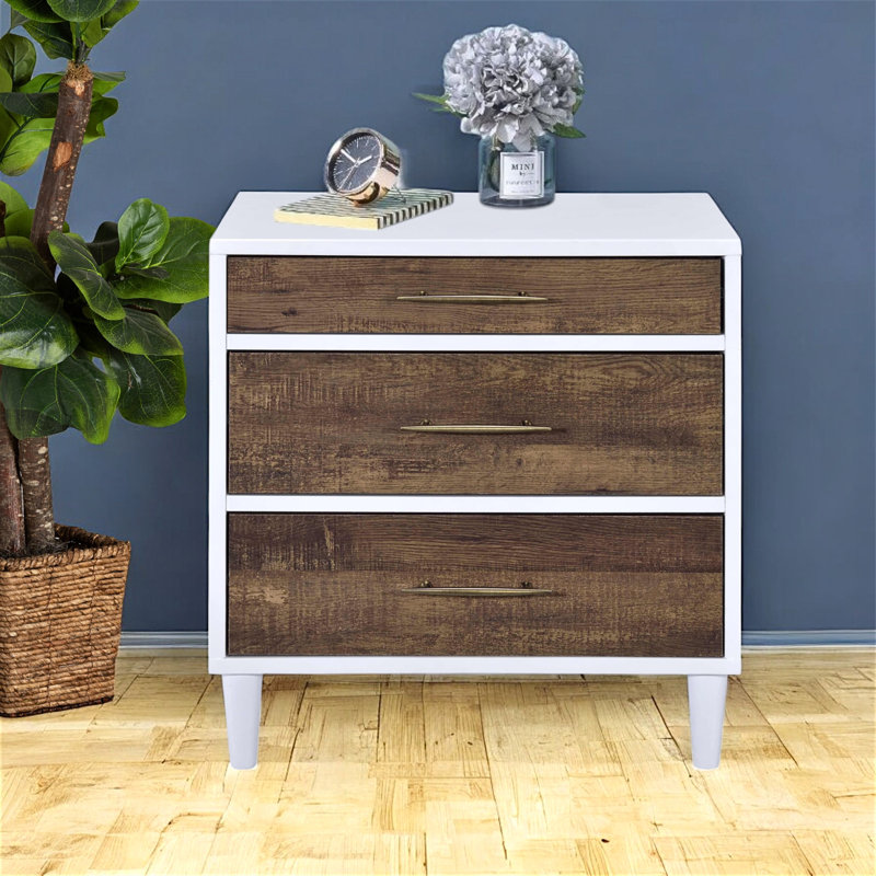 Élégante table d'appoint Apex - Façades de tiroir en chêne vieilli avec cadre blanc et 3 tiroirs de rangement pour la décoration intérieure