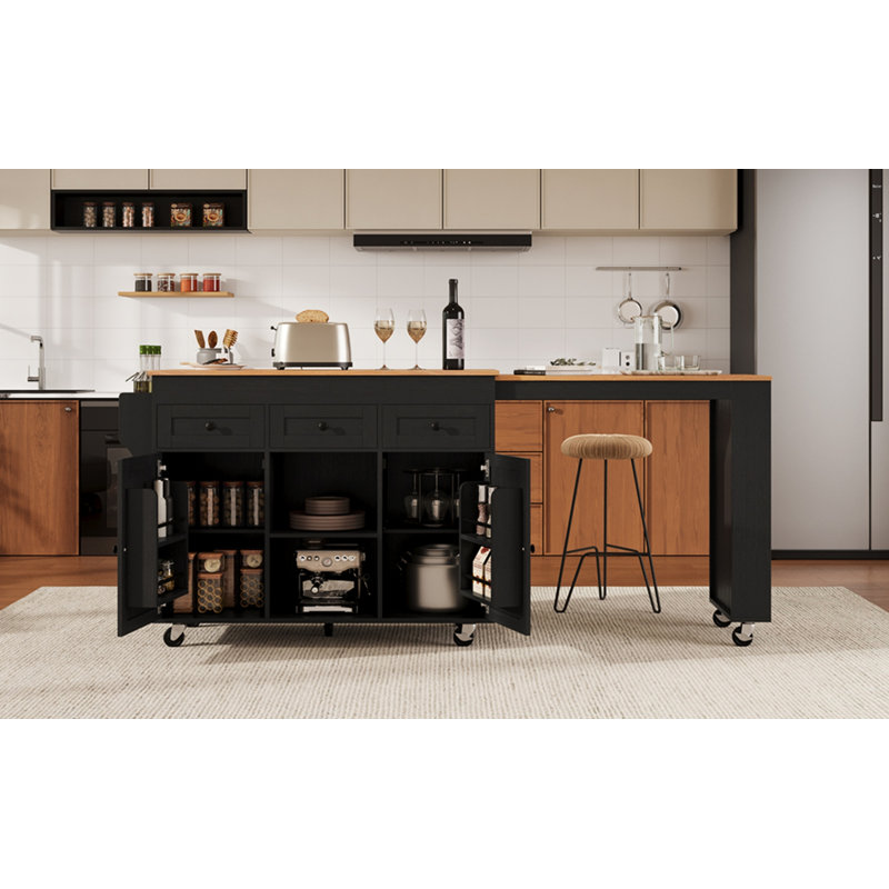 85.5" Kitchen Island with Extendable Dining Table, Kitchen Storage Table with 3 Side Open Shelves, Rolling Kitchen Island with Power Outlet, 3 Drawers, 2 Doors, for Kitchen, Dining Room