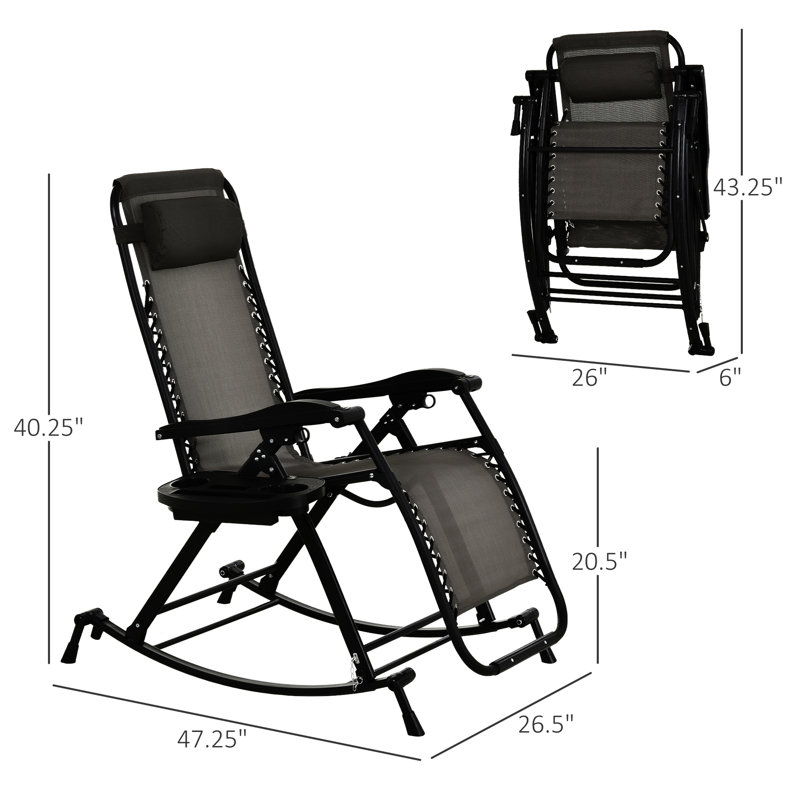 Chaise berçante pliable avec fauteuil inclinable d'extérieur avec housse respirante, gobelet et support pour téléphone, gris