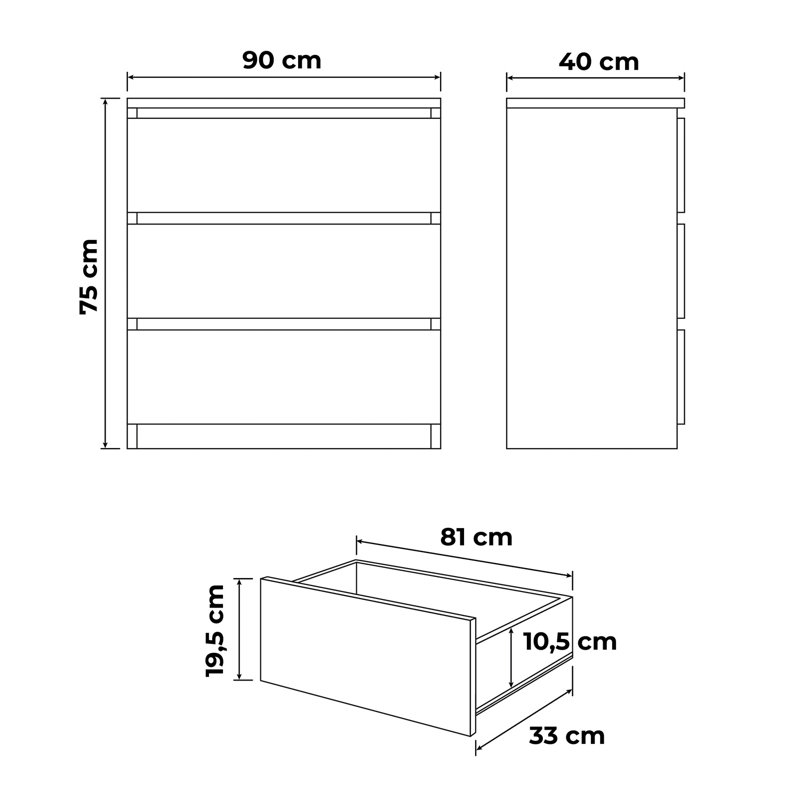 90cm W 3 - Drawer Chest of Drawers, Beige