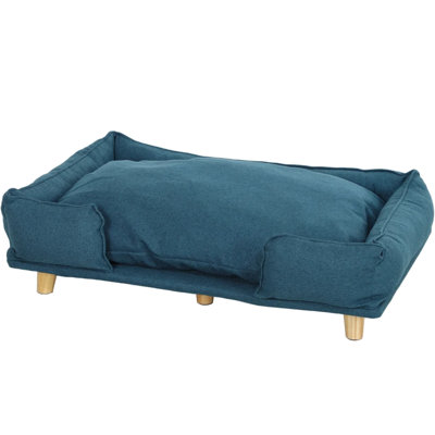 Raised Pet Couch With Comfortable Cushion, Pine Wood Legs,  Dark Blue