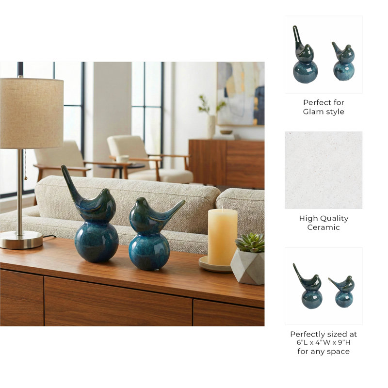 Decorative Ceramic Bird Statues for Home Decor - Modern Sculpture Accent for Desks or Living Room Decoration - Set of 2, 9", 7", Blue
