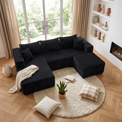 108.6"W  3-Piece U-Shaped Sectional Sofa with 5 Pillows, Soft Flannel Fabric and Pocket Spring Support, No Assembly Required Modular Couch for Living Room, Black