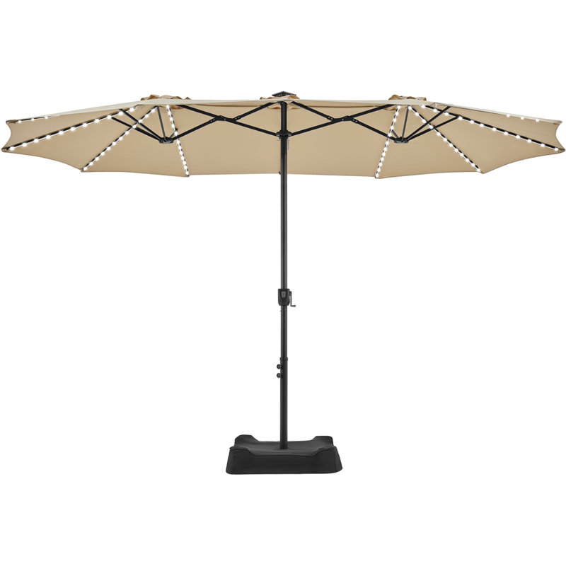  Parasol d'extérieur de 15 pi avec bandes lumineuses DEL multimode et base avec auvent pour manivelle, brun clair, Brun clair