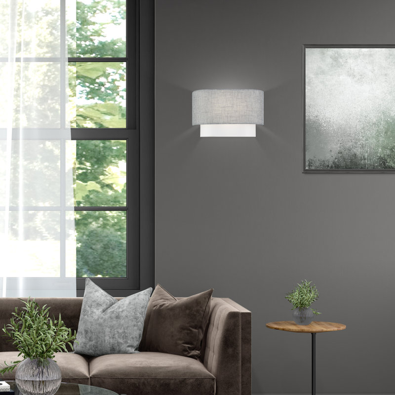 2 Light Brushed Nickel ADA Sconce With Hand Crafted Urban Grey And White Fabric Hardback Shades