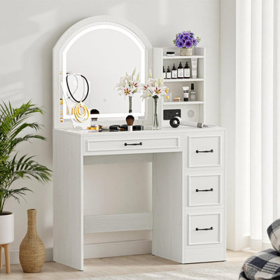 Modern Embossed Makeup Vanities, Modern Vanity Table With Lighted Mirror & 4 Drawers