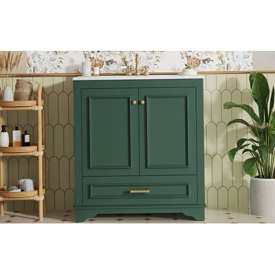 Meuble-lavabo de luxe 30 po avec lavabo en céramique, meuble-lavabo avec 2 grandes portes à fermeture douce, armoire de rangement en bois massif
