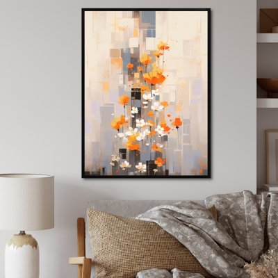 Fleurs de bouquet de coups de crayon orange gris sur toile