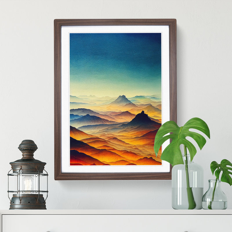 Mountain Landscape Watercolour No.1 - Framed Print, 64cm H x 46cm W x 2cm D, Walnut