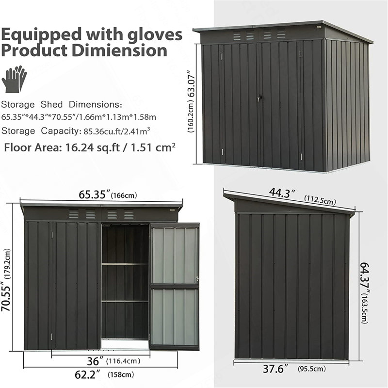 Backyard Storage Shed With Sloping Roof Galvanized Steel Frame Outdoor Garden Shed Metal Utility Tool Storage Room With Latches And Lockable Door For Balcony (5X3ft, Dark Gray)
