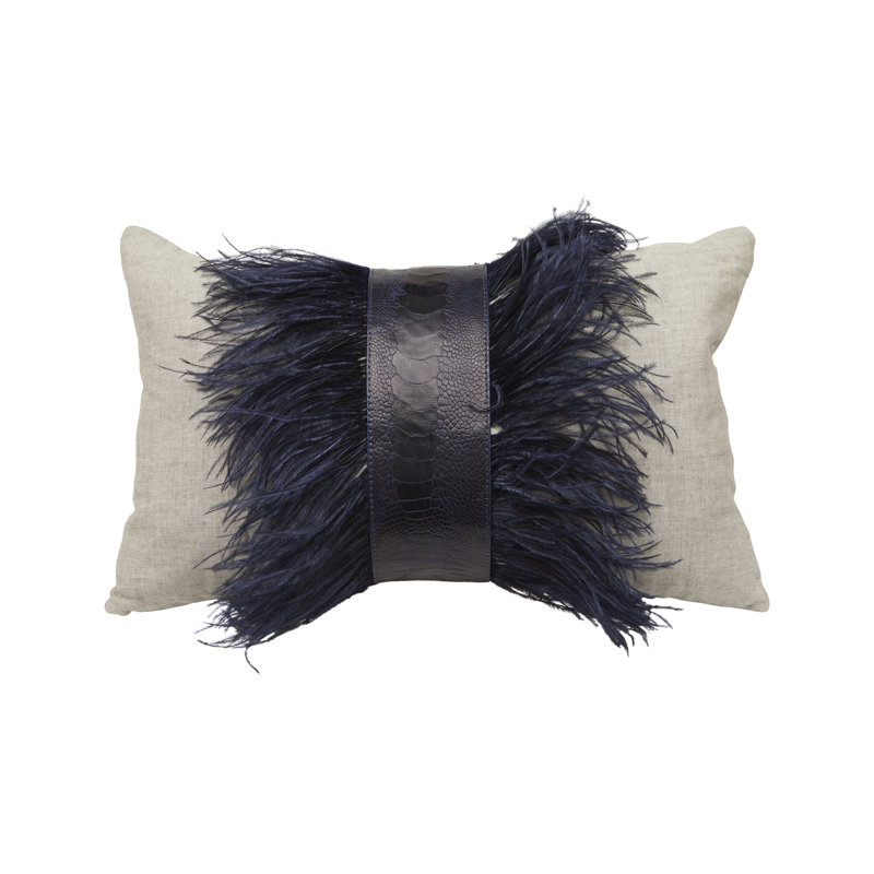 Linen Lumbar Pillow with Ostrich Feather Trim, Natural Linen/Navy Ostrich Feather