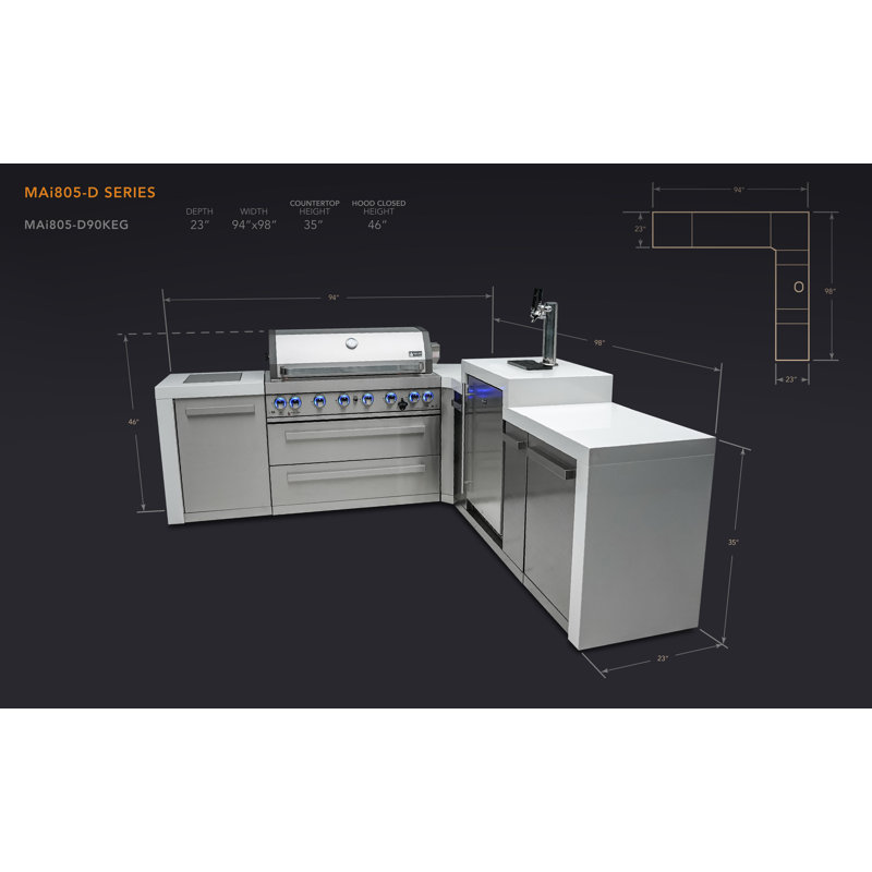 Mont Alpi 6-Burner 90 Degree Corner Deluxe Stainless Steel Island BBQ Grill + Kegerator Refrigerator