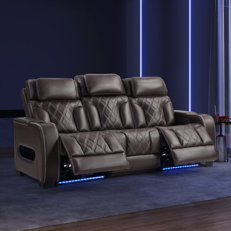 84" Wide Top Leather Power Reclining Sofa With Adjustable Headrest, And Ambient Arm Lighting, Brown