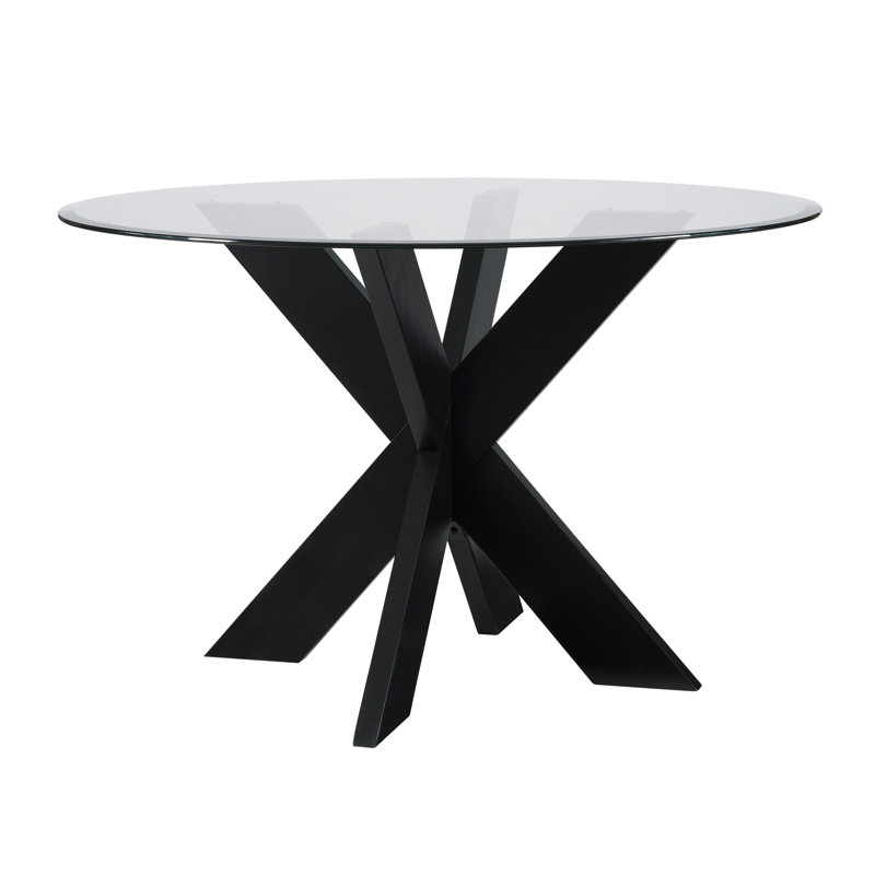 Astrid 48" Round Glass Top Dining Table With Solid Wood Base, Black