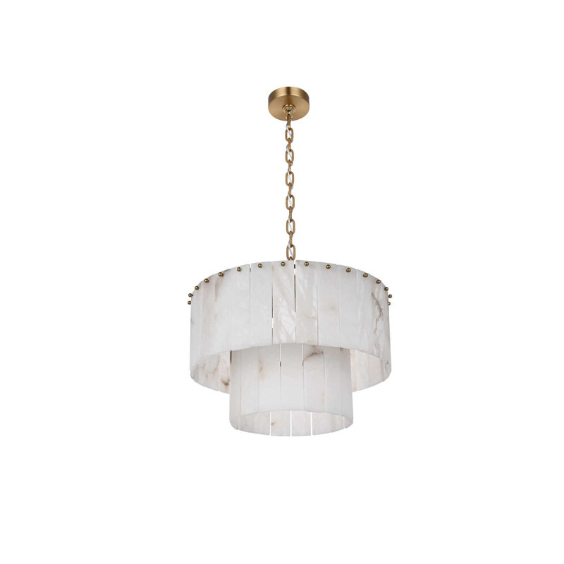 Lustre en albâtre 20 pouces Intisar, Or satiné, H 13 po x l 20 po x P 20 po, 9 lumières